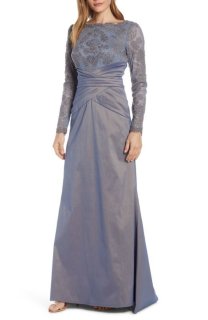 マザードレス｜Tadashi Shoji 刺繍メッシュ＆タフタロングドレス（グレー）