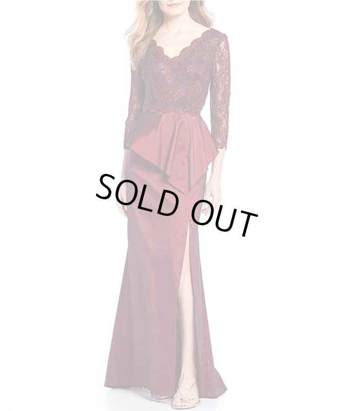 画像1: セール！Tadashi Shoji タダシショージ  ペプラムタフタロングドレス  レッド、ボルドー系 (1)