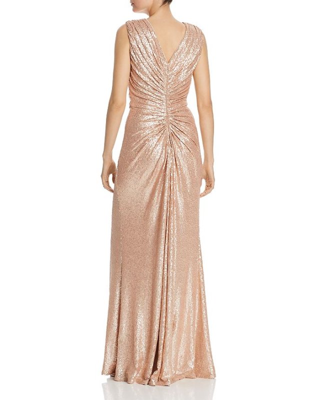 画像2: 限定セール！Tadashi Shoji タダシショージ  スパンコールギャザーロングドレス　シャンパン、ベージュ系 (2)