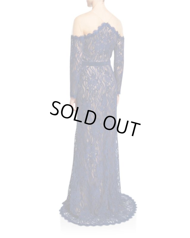 画像2: Tadashi Shoji  タダシショージ   Long-Sleeve Lace Illusion Gown ネイビー (2)