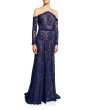 画像1: Tadashi Shoji  タダシショージ   Long-Sleeve Lace Illusion Gown ネイビー (1)