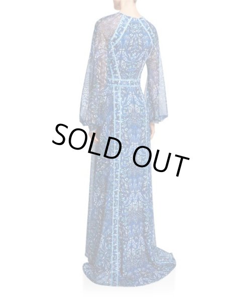 画像2: Tadashi Shoji タダシショージ  Printed V-Neck Long-Sleeve Jersey Gown ブルー系 (2)