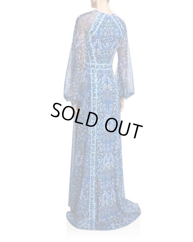 画像2: Tadashi Shoji タダシショージ  Printed V-Neck Long-Sleeve Jersey Gown ブルー系 (2)