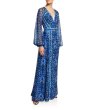 画像1: Tadashi Shoji タダシショージ  Printed V-Neck Long-Sleeve Jersey Gown ブルー系 (1)