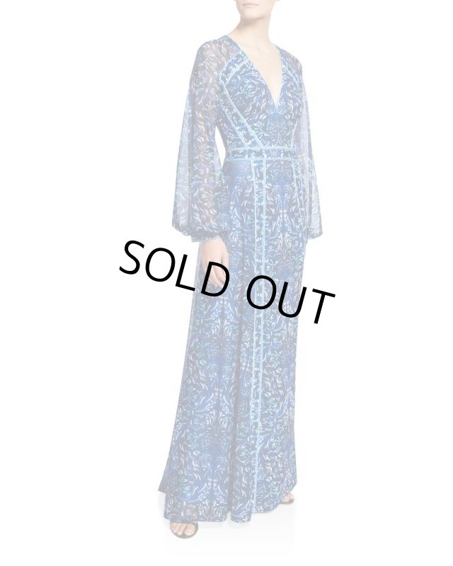画像1: Tadashi Shoji タダシショージ  Printed V-Neck Long-Sleeve Jersey Gown ブルー系 (1)