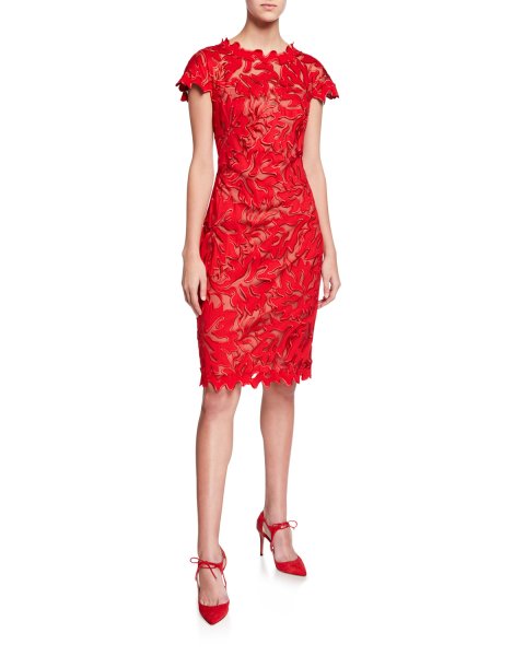 画像1: Tadashi Shoji  タダシショージ　Cap-Sleeve Lace Sheath Dress　レッド (1)