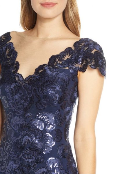 画像3: Tadashi Shoji タダシショージ   Embroidered Lace Evening Gown ネイビー (3)