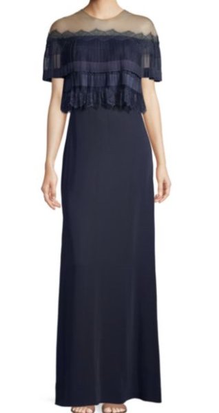 画像1: Tadashi Shoji タダシショージ　Pleated Popover Off-The-Shoulder Illusion Gown ネイビー (1)