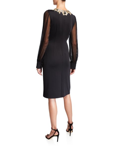 画像2: Tadashi Shoji タダシショージ Chiffon Long-Sleeve Split-Neck Neoprene Dress  ブラック (2)