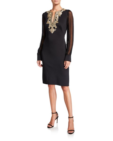 画像1: Tadashi Shoji タダシショージ　Chiffon Long-Sleeve Split-Neck Neoprene Dress  ブラック (1)