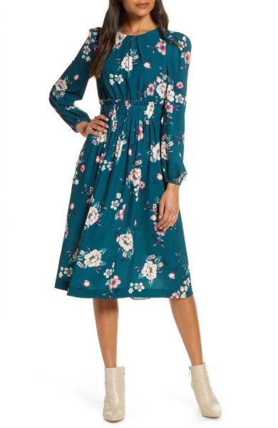 画像1: 【Kristen Welker 着用】Eliza J    Floral Print Long Sleeve Midi Dress (1)