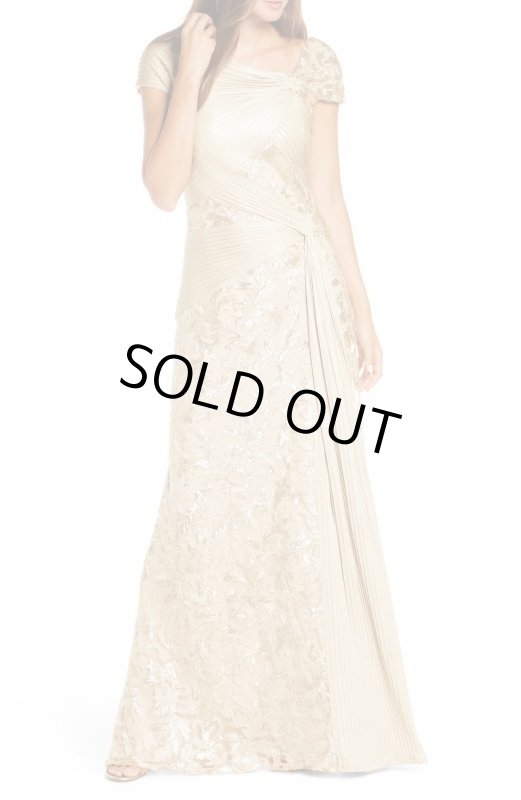 画像1: Tadashi Shoji タダシショージ   Cap-Sleeve Mesh Gown ゴールド、ベージュ系 (1)