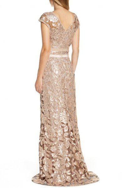 画像2: Tadashi Shoji   スパンコールレースイブニングドレス   Ginseng ベージュ系 (2)