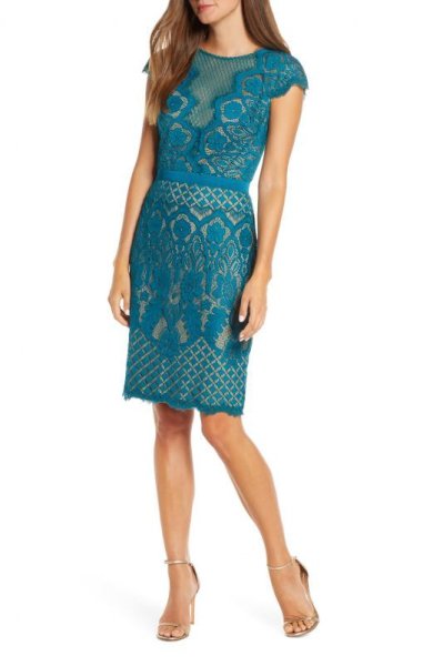 画像1: Tadashi Shoji  タダシショージ  BROGAN Lace Sheath Dress ブルー、グリーン系 (1)