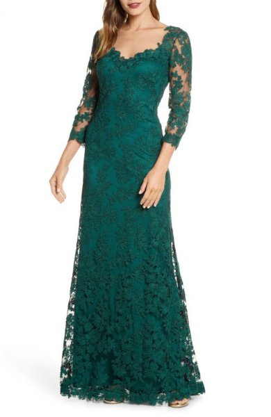 画像1: Tadashi Shoji   タダシショージ　Corded Embroidered Lace Gown グリーン系 (1)