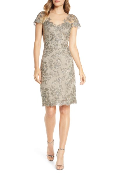 画像1: Tadashi Shoji  タダシショージ　Corded Lace Sheath Dress  グレー、ベージュ系 (1)