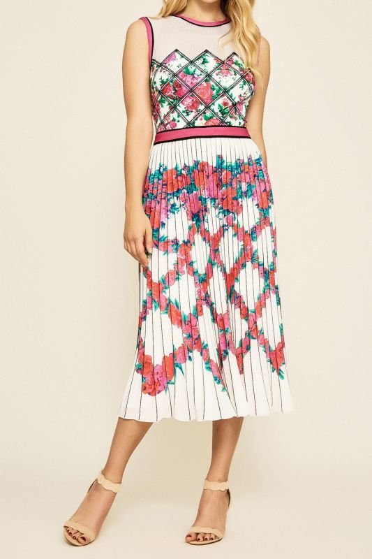 画像1: 【コンフィデンスマンJP、長澤まさみさん、アンミカさん着用】Tadashi Shoji タダシショージ　Mutola Pleated Tea-Length Dress　ホワイト、ピンク系  03272 (1)