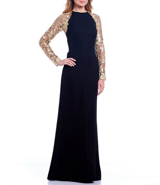 画像1: 期間限定セール！Tadashi Shoji  タダシショージ Sequin Lace Sleeve Crepe Gown　ブラック (1)