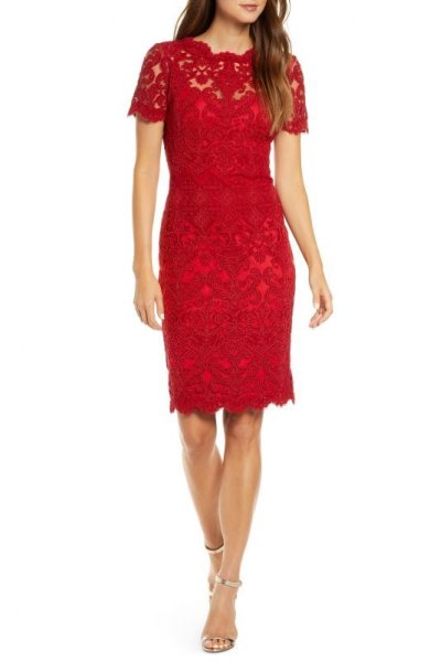 画像1: Tadashi Shoji  タダシショージ  　Lace Sheath Dress レッド系 (1)