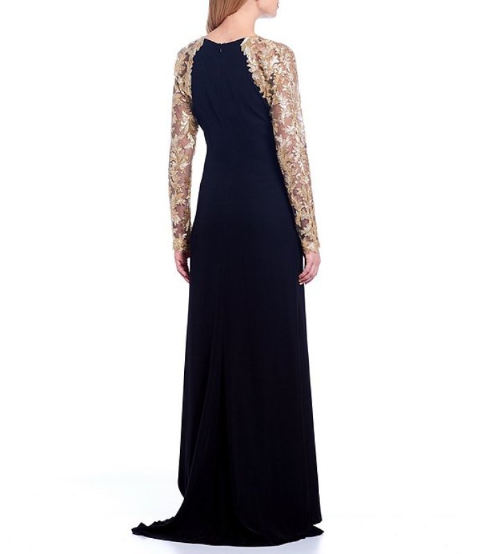 画像2: 期間限定セール！Tadashi Shoji  タダシショージ Sequin Lace Sleeve Crepe Gown　ブラック (2)
