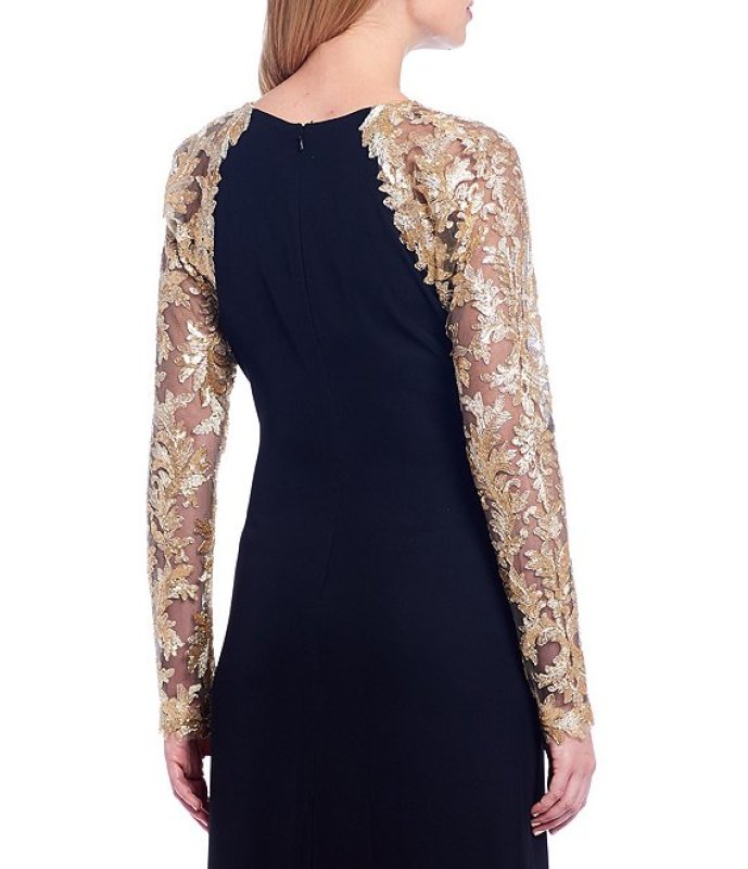 画像3: 期間限定セール！Tadashi Shoji  タダシショージ Sequin Lace Sleeve Crepe Gown　ブラック (3)