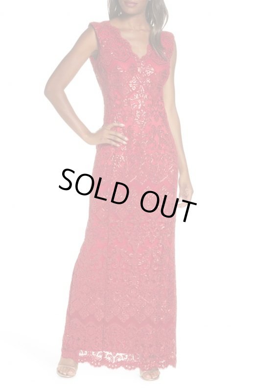 画像1: セール！Tadashi Shoji   タダシショージ　スパンコールレースロングドレス　レッド系 (1)