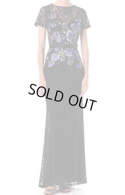 画像1: セール！Tadashi Shoji  タダシショージ 花柄刺繍ブラックロングドレス　ブラック、パープル系 (1)