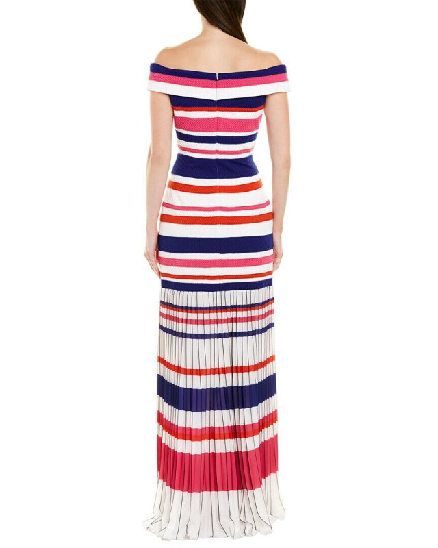 画像2: Tadashi Shoji タダシショージ   ストライプオフショルダーロングドレス　ピンク、レッド系 (2)