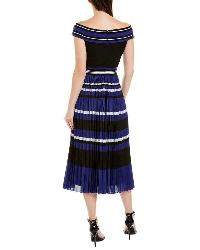 画像2: 【栗山千明さん着用】Tadashi Shoji タダシショージ   ストライププリーツミディアムドレス　ブルー、ブラック系 (2)