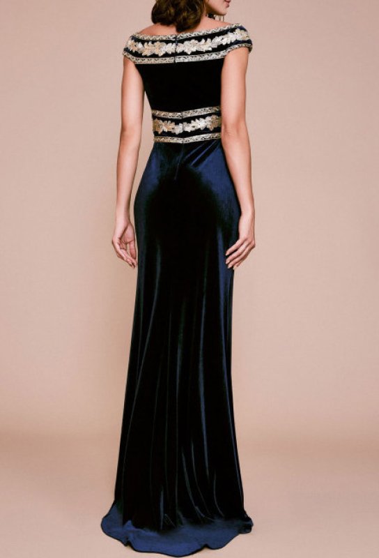 画像3: 再販売セール！【アンミカさん着用】Tadashi Shoji タダシショージ  メタリック刺繍ベルベットロングドレス　ネイビー系 (3)