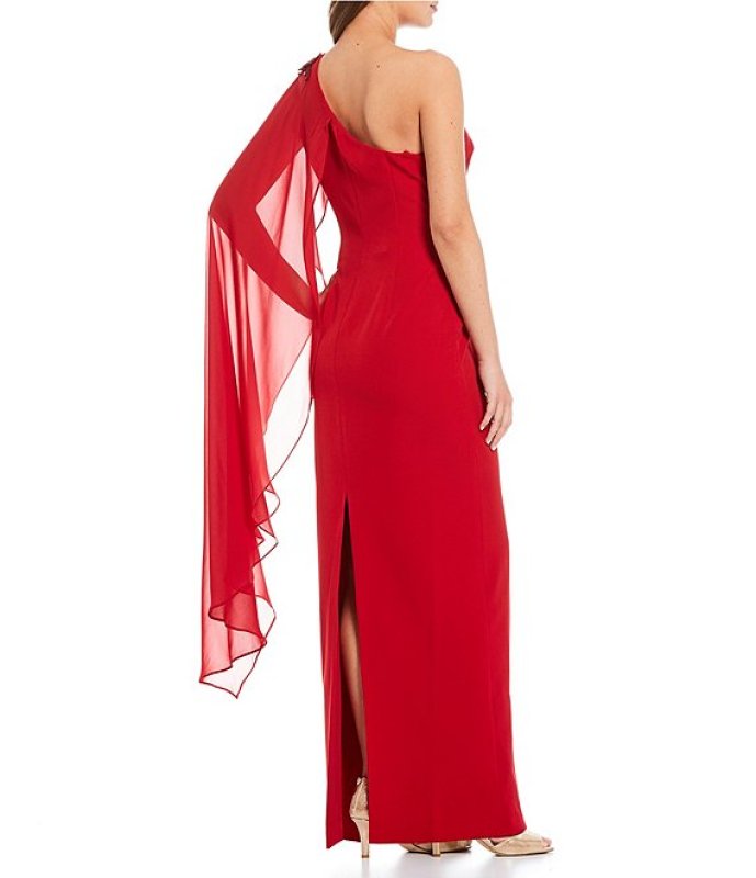 画像2: セール！Adrianna Papell アドリアナパペル　ワンショルダーケープロングドレス　レッド  04122 (2)