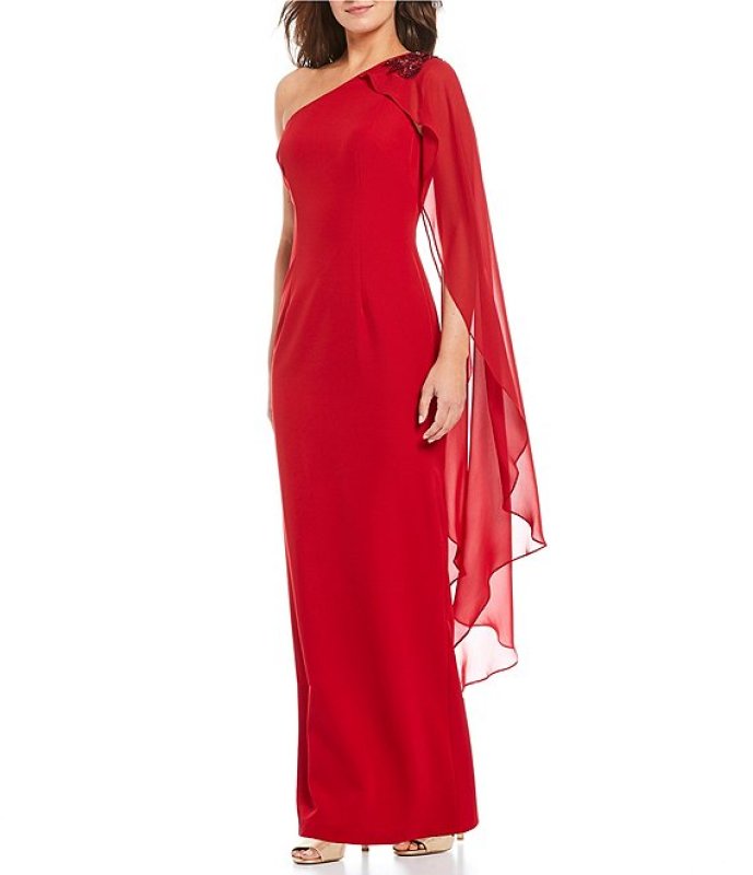 画像1: セール！Adrianna Papell アドリアナパペル　ワンショルダーケープロングドレス　レッド  04122 (1)