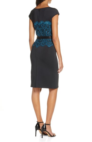 画像2: Tadashi Shoji   タダシショージ スパンコールレース Inset Scuba Dress ブラック、ブルー系 (2)