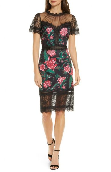 画像1: Tadashi Shoji タダシショージ   Floral Neoprene & Lace Sheath Dress ブラック系 (1)