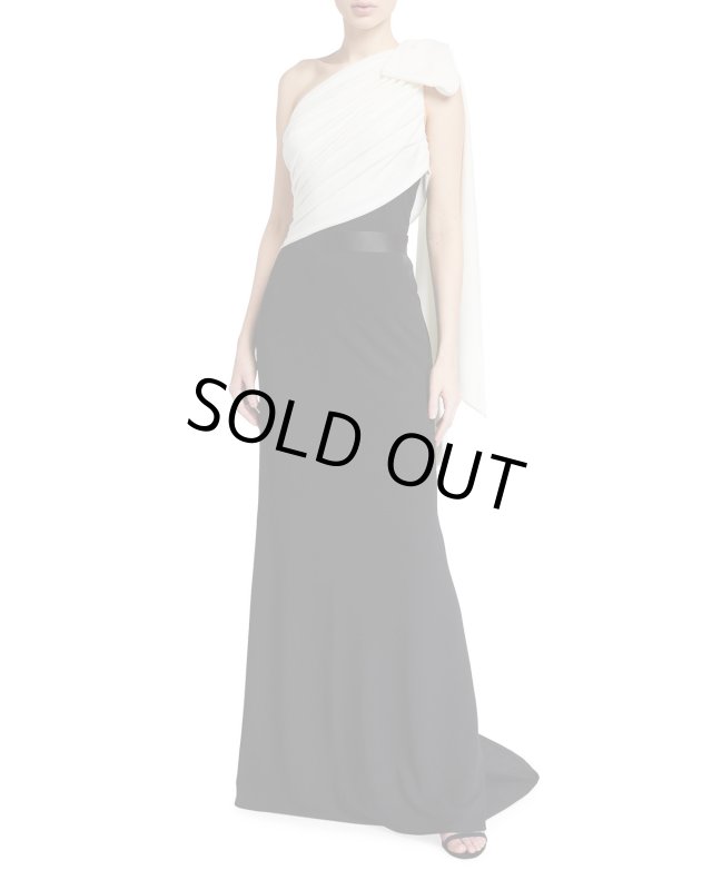 画像1: Tadashi Shoji タダシショージ   ワンショルダーリボンロングドレス　ブラック、ホワイト (1)