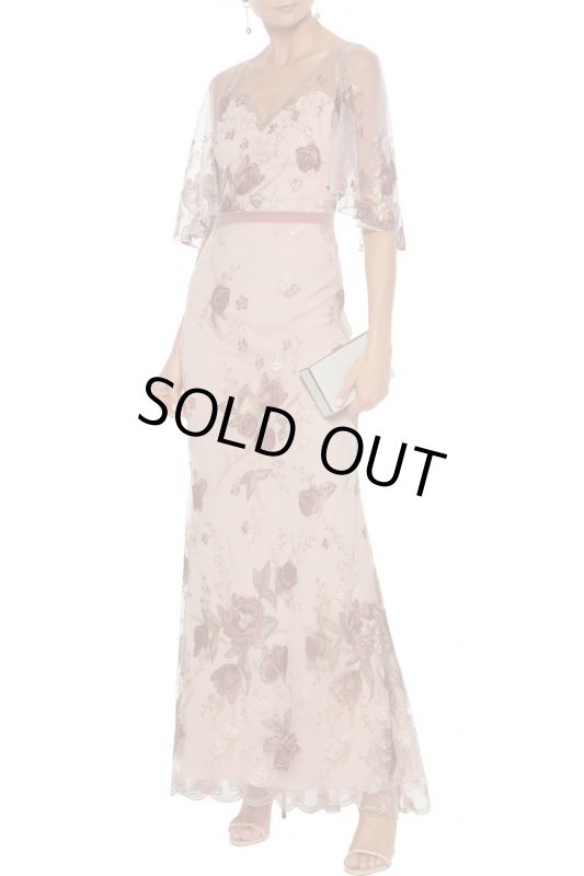 画像1: セール！ Marchesa Notte マルケッサノッテ　メタリック刺繍チュールロングドレス　ピンク系 (1)