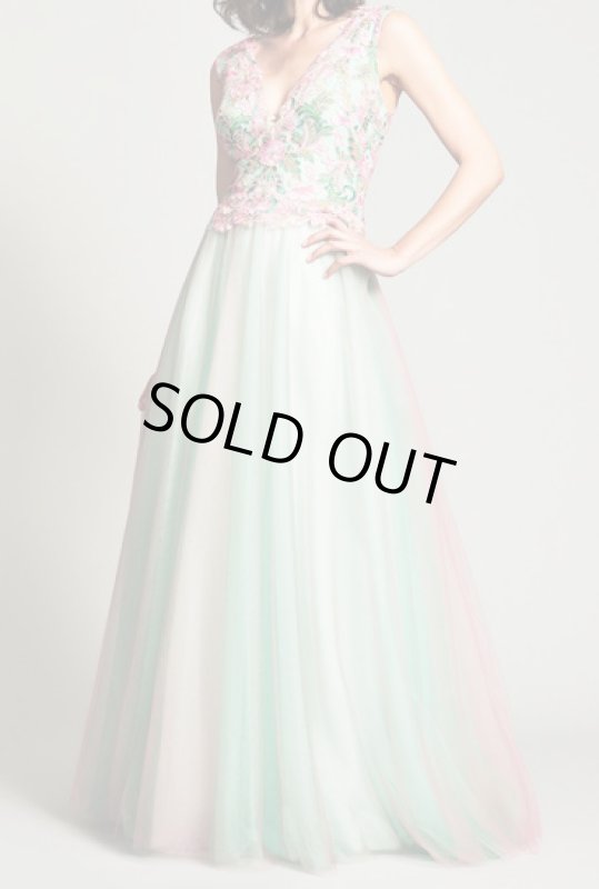 画像2: 期間限定セール！Tadashi Shoji  タダシショージ  花柄刺繍チュールドレス　ピンク、グリーン系　 (2)