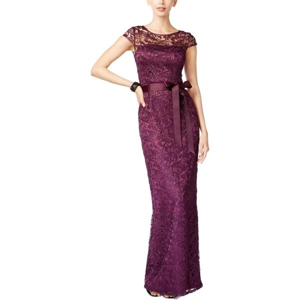 画像1: Adrianna Papell  アドリアナパペル　　Cap Sleeve Lace Gown パープル系 (1)