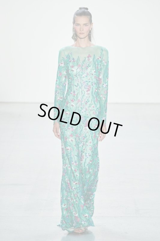 画像1: Tadashi Shoji  タダシショージ  Embroidered Floral Lace Column Gown グリーン系 (1)