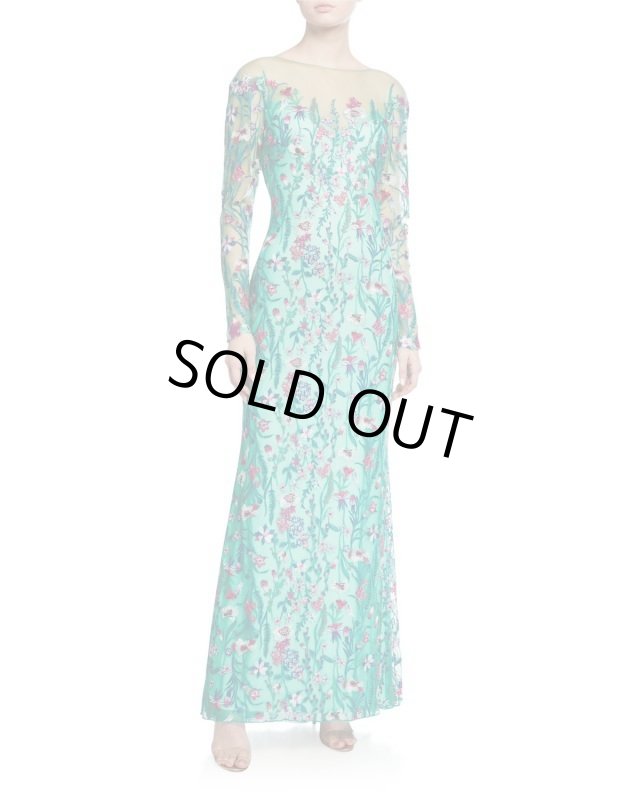 画像2: Tadashi Shoji  タダシショージ  Embroidered Floral Lace Column Gown グリーン系 (2)