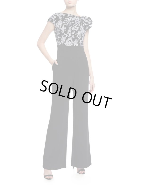 画像2: セール！【朝夏まなとさん着用】Tadashi Shoji  タダシショージ Cap-Sleeve Jacquard & Crepe ジャンプスーツ　ブラック (2)