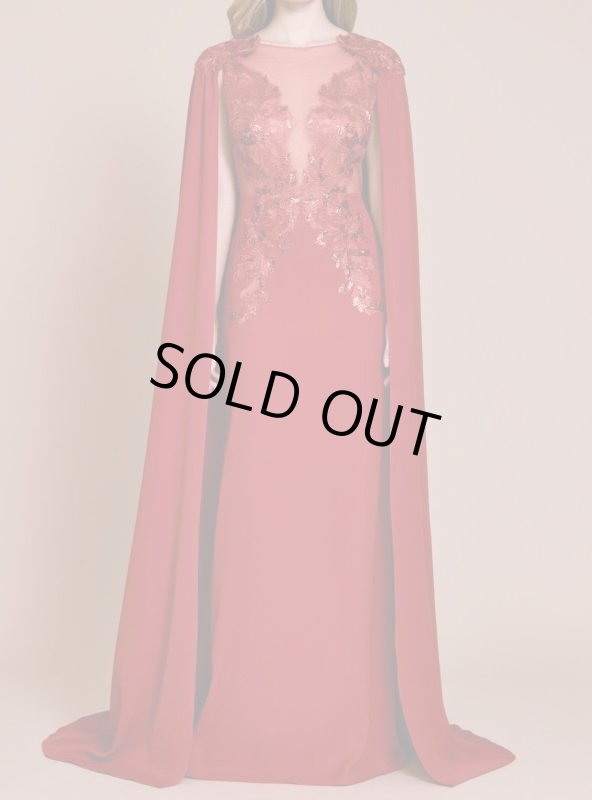 画像1: 期間限定セール！Tadashi Shoji タダシショージ  SHYAM ケープ付きロングドレス　レッド (1)