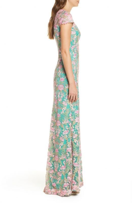 画像3: 再販売セール！Tadashi Shoji  タダシショージ  花柄レースロングドレス　ピンク、グリーン系　 (3)