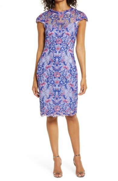 画像1: Tadashi Shoji  タダシショージ  Floral Embroidered Sheath Dress　ブルー、パープル系 (1)