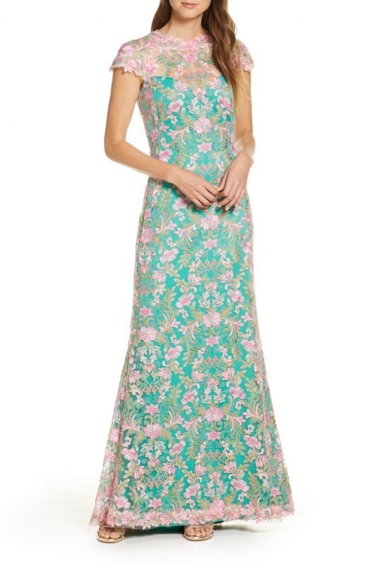 画像1: 再販売セール！Tadashi Shoji  タダシショージ  花柄レースロングドレス　ピンク、グリーン系　 (1)