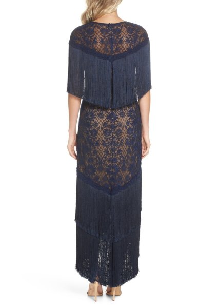 画像2: Tadashi Shoji タダシショージ TWILA オフショルダーフリンジメッシュドレス  ネイビー (2)