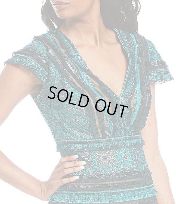 画像3: 【宇垣美里さん、橋本マナミさん、おのののかさん着用】Tadashi Shoji タダシショージ   V Neck Texture Lace Midi Dress グリーン系 (3)