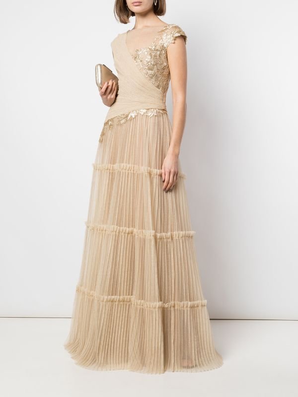画像2: 再販売セール！【朝比奈彩さん、有村実樹さん着用】Tadashi Shoji タダシショージ  SOVANN　刺繍チュールドレス　ゴールド系、ベージュ (2)