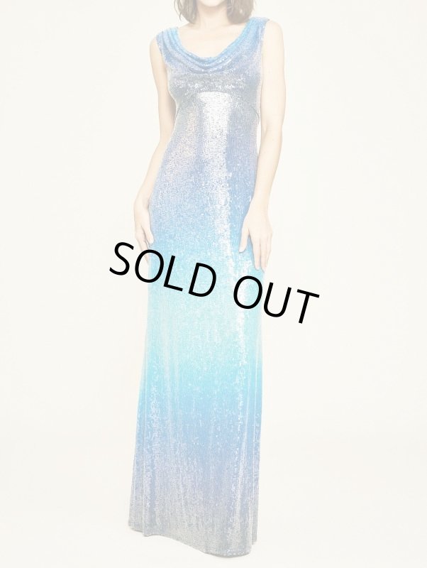 画像1: 【アンミカさん愛用】Tadashi Shoji タダシショージ  HAUCK グラデーションスパンコールカウルネックドレス　ブルー系 (1)