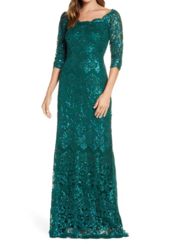 画像1: サイズ追加！Tadashi Shoji   タダシショージ　LIEM オフショルダースパンコールドレス　グリーン  11092 (1)